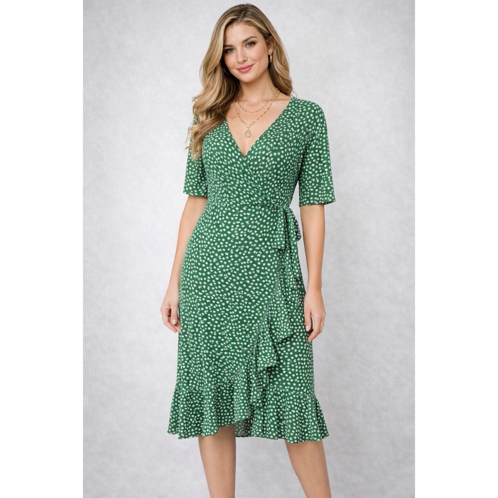 Green Floral Wrap Midi Dress Ruffle‎ Hem Short Sleeve Cotton Blend Women's XL